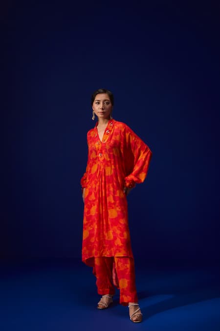 ZEN'S COUTURE Orange Natural Crepe Print Ambrosia V Shaina Dolman Sleeves Kurta With Pant 