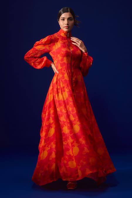 ZEN'S COUTURE Aaira Flaming Bloom Print Bishop Sleeves Maxi Dress 