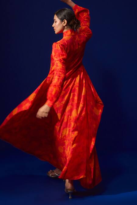 Shop ZeN'S Couture Orange Natural Crepe Print Flaming Bloom High Aaira Bishop Sleeves Maxi Dress at Aza Fashions Shop_ZeN'S Couture_Orange Natural Crepe Print Flaming Bloom High Aaira Bishop Sleeves Maxi Dress_at_Aza_Fashions