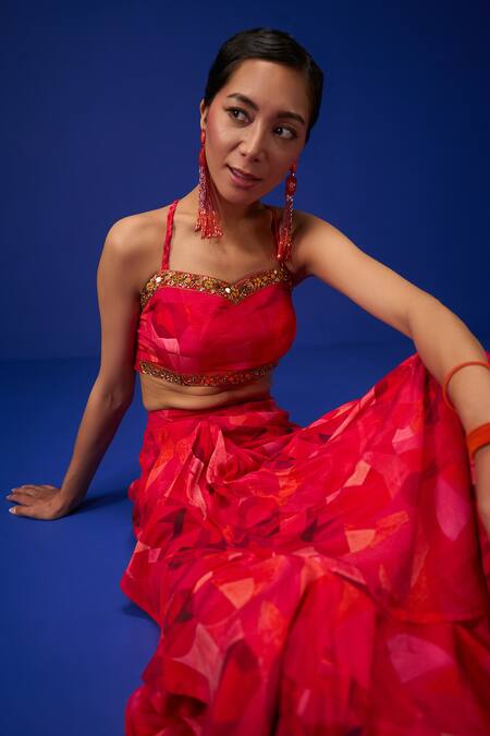 ZeN'S Couture_Pink Crepe Embroidery Sweetheart Neck, Noor Mosaic Print Jacket Draped Skirt Set_Online_at_Aza_Fashions