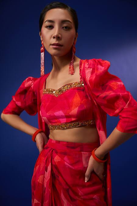 Buy_ZeN'S Couture_Pink Crepe Embroidery Sweetheart Neck, Noor Mosaic Print Jacket Draped Skirt Set_Online_at_Aza_Fashions