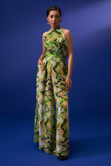 ZEN'S COUTURE Green Natural Crepe Print Marble Splash Halter Neck Alaaya Jumpsuit 