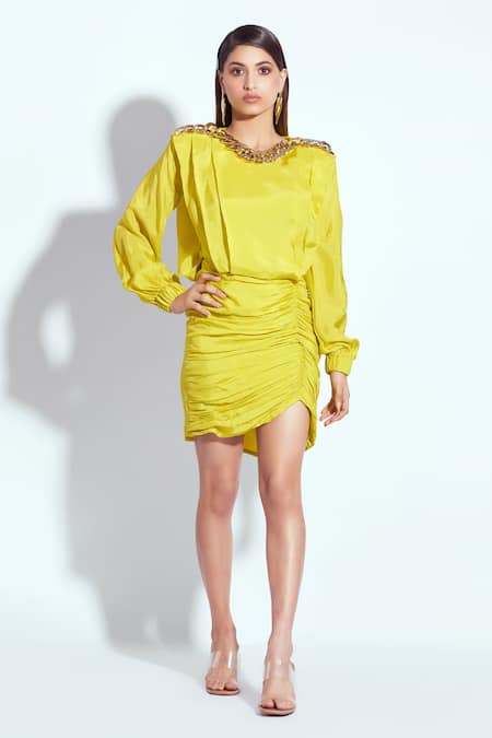 neetiandmudita Yellow Silk Embellished Round Structured Shoulder Short Dress