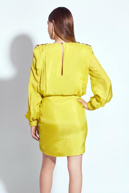 Shop Neetiandmudita Yellow Silk Embellished Round Structured Shoulder Short Dress at Aza Fashions Shop_Neetiandmudita_Yellow Silk Embellished Round Structured Shoulder Short Dress _at_Aza_Fashions