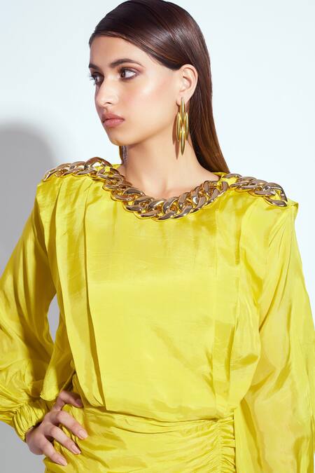 Shop Neetiandmudita Yellow Silk Embellished Round Structured Shoulder Short Dress Online at Aza Fashions Shop_Neetiandmudita_Yellow Silk Embellished Round Structured Shoulder Short Dress _Online_at_Aza_Fashions