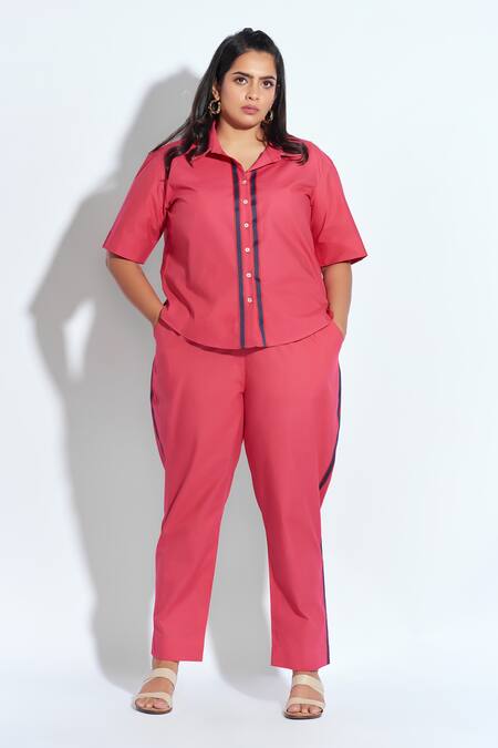 neetiandmudita Pink Cotton Rhinestone Collared Detailed Shirt With Pant