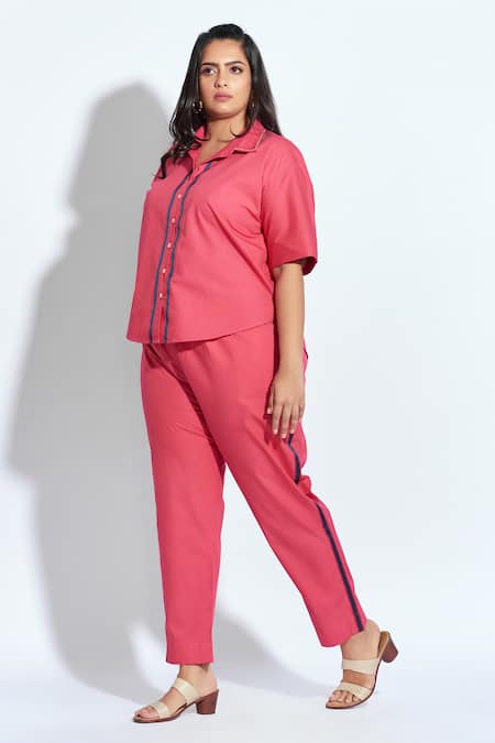 Shop Neetiandmudita Pink Cotton Rhinestone Collared Detailed Shirt With Pant at Aza Fashions Shop_Neetiandmudita_Pink Cotton Rhinestone Collared Detailed Shirt With Pant _at_Aza_Fashions