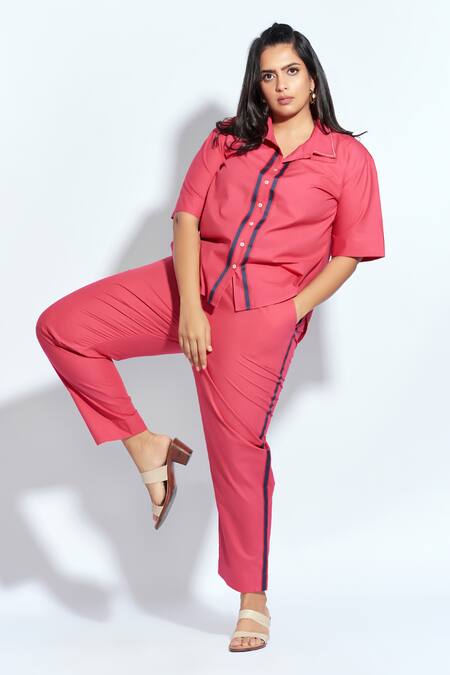 Shop Neetiandmudita Pink Cotton Rhinestone Collared Detailed Shirt With Pant Online at Aza Fashions Shop_Neetiandmudita_Pink Cotton Rhinestone Collared Detailed Shirt With Pant _Online_at_Aza_Fashions