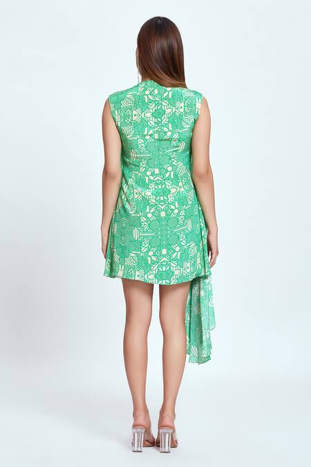 Shop Neetiandmudita Green Crepe Rhinestone Asymmetric Mandala Pattern Drape Dress at Aza Fashions Shop_Neetiandmudita_Green Crepe Rhinestone Asymmetric Mandala Pattern Drape Dress _at_Aza_Fashions