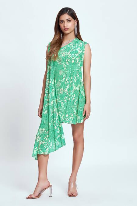 Buy Neetiandmudita Green Crepe Rhinestone Asymmetric Mandala Pattern Drape Dress Online at Aza Fashions Buy_Neetiandmudita_Green Crepe Rhinestone Asymmetric Mandala Pattern Drape Dress _Online_at_Aza_Fashions