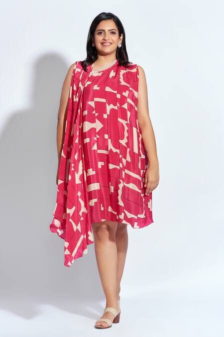 Shop Neetiandmudita Pink Crepe Rhinestone Asymmetric Detailed Neck Short Dress at Aza Fashions Shop_Neetiandmudita_Pink Crepe Rhinestone Asymmetric Detailed Neck Short Dress _at_Aza_Fashions