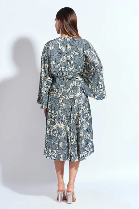 Shop Neetiandmudita Blue Crepe Rhinestone V Neck Mandala Pattern Wrap Dress at Aza Fashions Shop_Neetiandmudita_Blue Crepe Rhinestone V Neck Mandala Pattern Wrap Dress _at_Aza_Fashions