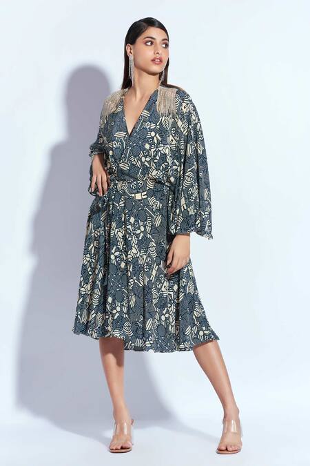 Neetiandmudita Blue Crepe Rhinestone V Neck Mandala Pattern Wrap Dress Online at Aza Fashions Neetiandmudita_Blue Crepe Rhinestone V Neck Mandala Pattern Wrap Dress _Online_at_Aza_Fashions