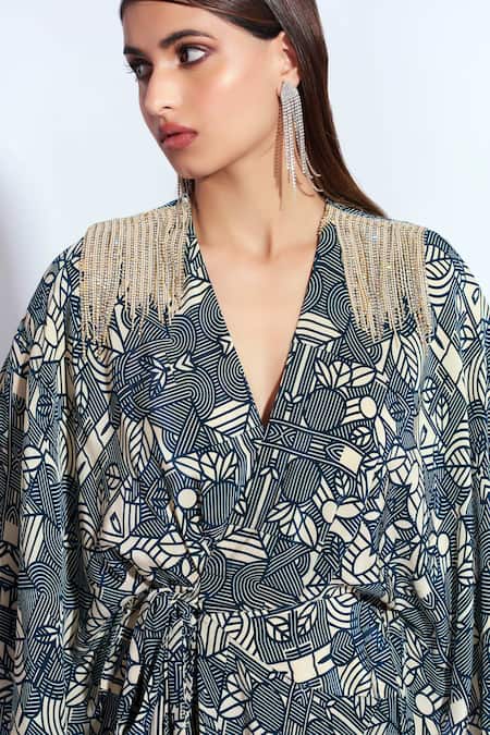 Buy Neetiandmudita Blue Crepe Rhinestone V Neck Mandala Pattern Wrap Dress Online at Aza Fashions Buy_Neetiandmudita_Blue Crepe Rhinestone V Neck Mandala Pattern Wrap Dress _Online_at_Aza_Fashions