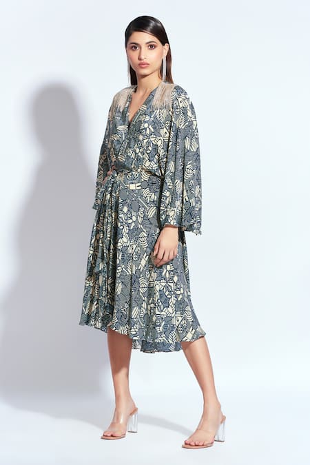 Shop Neetiandmudita Blue Crepe Rhinestone V Neck Mandala Pattern Wrap Dress Online at Aza Fashions Shop_Neetiandmudita_Blue Crepe Rhinestone V Neck Mandala Pattern Wrap Dress _Online_at_Aza_Fashions