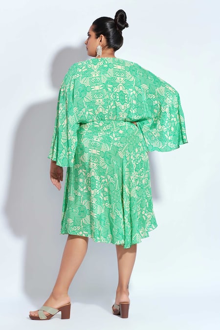 Shop Neetiandmudita Green Crepe Rhinestone V Neck Mandala Pattern Wrap Midi Dress at Aza Fashions Shop_Neetiandmudita_Green Crepe Rhinestone V Neck Mandala Pattern Wrap Midi Dress _at_Aza_Fashions