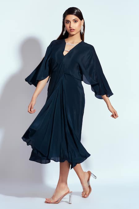 Shop Neetiandmudita Blue Crepe Rhinestone V Neck Centre Drape Dress at Aza Fashions Shop_Neetiandmudita_Blue Crepe Rhinestone V Neck Centre Drape Dress _at_Aza_Fashions