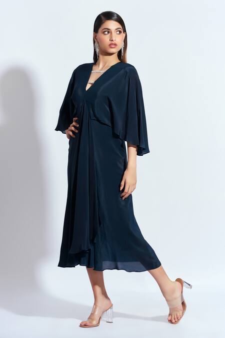 Neetiandmudita Blue Crepe Rhinestone V Neck Centre Drape Dress Online at Aza Fashions Neetiandmudita_Blue Crepe Rhinestone V Neck Centre Drape Dress _Online_at_Aza_Fashions