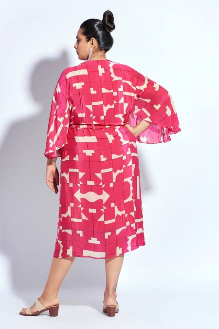 Shop Neetiandmudita Pink Crepe Rhinestone V Neck Tetris Pattern Centre Drape Dress at Aza Fashions Shop_Neetiandmudita_Pink Crepe Rhinestone V Neck Tetris Pattern Centre Drape Dress _at_Aza_Fashions