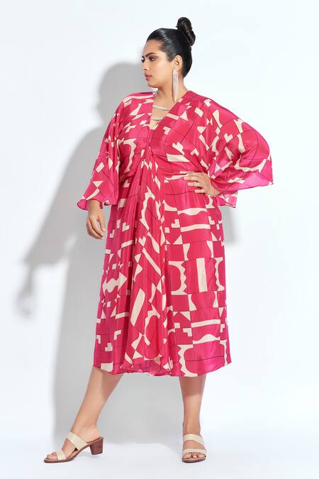 Neetiandmudita Pink Crepe Rhinestone V Neck Tetris Pattern Centre Drape Dress Online at Aza Fashions Neetiandmudita_Pink Crepe Rhinestone V Neck Tetris Pattern Centre Drape Dress _Online_at_Aza_Fashions