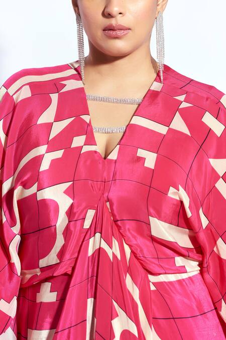 Buy Neetiandmudita Pink Crepe Rhinestone V Neck Tetris Pattern Centre Drape Dress Online at Aza Fashions Buy_Neetiandmudita_Pink Crepe Rhinestone V Neck Tetris Pattern Centre Drape Dress _Online_at_Aza_Fashions