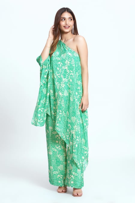 Shop Neetiandmudita Green Asymmetric Mandala Tunic And Pant Set at Aza Fashions Shop_Neetiandmudita_Green Asymmetric Mandala Tunic And Pant Set _at_Aza_Fashions