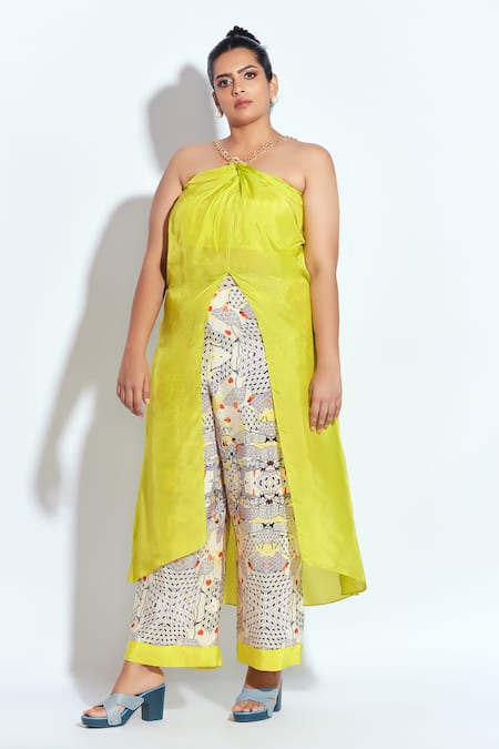 Neetiandmudita Yellow Silk, Crepe Chains Halter Neck Front Slit Tunic With Flare Pant Online at Aza Fashions Neetiandmudita_Yellow Silk, Crepe Chains Halter Neck Front Slit Tunic With Flare Pant _Online_at_Aza_Fashions
