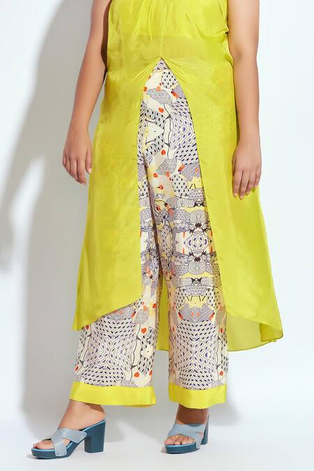 Buy Neetiandmudita Yellow Silk, Crepe Chains Halter Neck Front Slit Tunic With Flare Pant Online at Aza Fashions Buy_Neetiandmudita_Yellow Silk, Crepe Chains Halter Neck Front Slit Tunic With Flare Pant _Online_at_Aza_Fashions