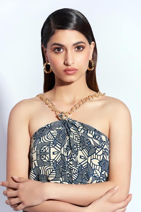 Neetiandmudita Blue Crepe Chains Halter Neck Tunic With Flare Pant at Aza Fashions Neetiandmudita_Blue Crepe Chains Halter Neck Tunic With Flare Pant _at_Aza_Fashions