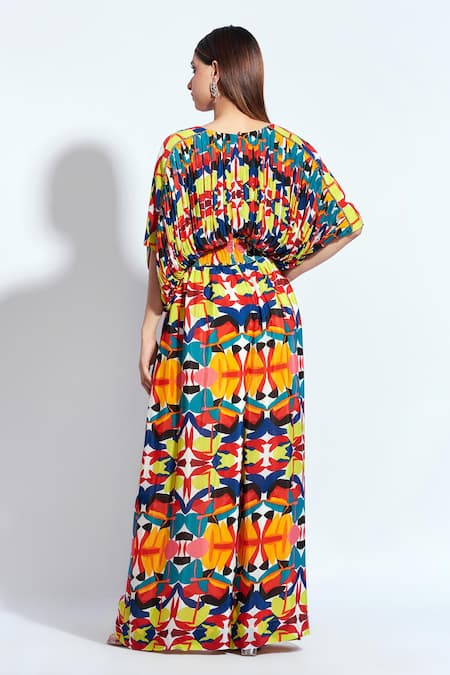 Shop Neetiandmudita Multi Color Crepe Rhinestone Round Abstract Pattern Jumpsuit at Aza Fashions Shop_Neetiandmudita_Multi Color Crepe Rhinestone Round Abstract Pattern Jumpsuit _at_Aza_Fashions