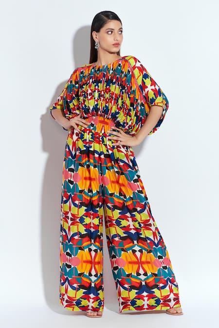 Neetiandmudita Multi Color Crepe Rhinestone Round Abstract Pattern Jumpsuit Online at Aza Fashions Neetiandmudita_Multi Color Crepe Rhinestone Round Abstract Pattern Jumpsuit _Online_at_Aza_Fashions
