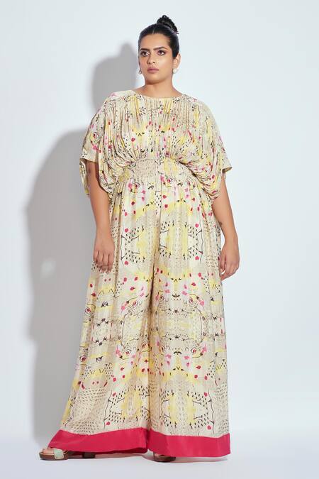 Neetiandmudita_Pink Crepe Rhinestone Round Ruched Waist Jumpsuit _Online_at_Aza_Fashions