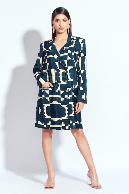 neetiandmudita Blue Crepe Tetris Notched Lapel Pattern Blazer Dress 