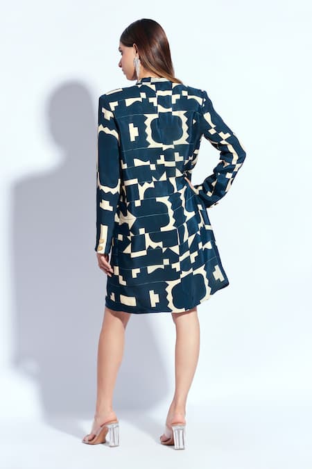 Shop Neetiandmudita Blue Crepe Tetris Notched Lapel Pattern Blazer Dress at Aza Fashions Shop_Neetiandmudita_Blue Crepe Tetris Notched Lapel Pattern Blazer Dress _at_Aza_Fashions