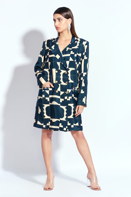 Neetiandmudita Blue Crepe Tetris Notched Lapel Pattern Blazer Dress Online at Aza Fashions Neetiandmudita_Blue Crepe Tetris Notched Lapel Pattern Blazer Dress _Online_at_Aza_Fashions