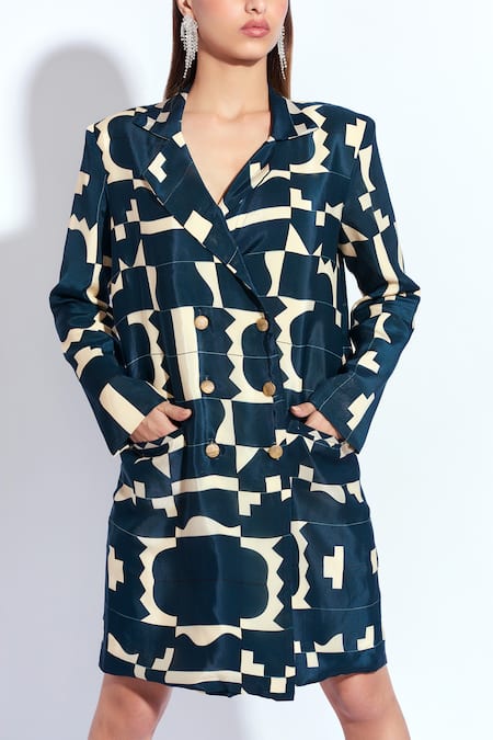 Buy Neetiandmudita Blue Crepe Tetris Notched Lapel Pattern Blazer Dress Online at Aza Fashions Buy_Neetiandmudita_Blue Crepe Tetris Notched Lapel Pattern Blazer Dress _Online_at_Aza_Fashions