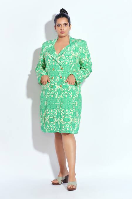 Neetiandmudita Green Crepe Mandala Notched Lapel Pattern Short Blazer Dress Online at Aza Fashions Neetiandmudita_Green Crepe Mandala Notched Lapel Pattern Short Blazer Dress _Online_at_Aza_Fashions