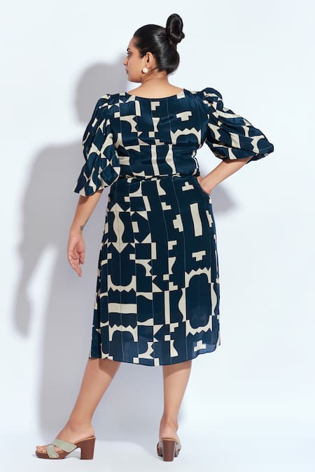 Shop Neetiandmudita Blue Crepe Tetris Round Pattern Midi Dress at Aza Fashions Shop_Neetiandmudita_Blue Crepe Tetris Round Pattern Midi Dress _at_Aza_Fashions