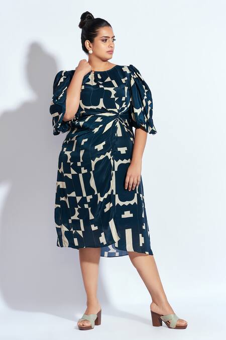 Neetiandmudita Blue Crepe Tetris Round Pattern Midi Dress Online at Aza Fashions Neetiandmudita_Blue Crepe Tetris Round Pattern Midi Dress _Online_at_Aza_Fashions