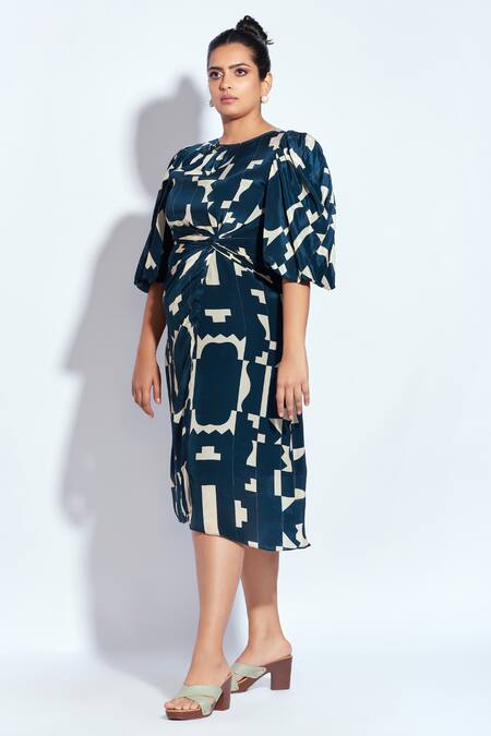 Buy Neetiandmudita Blue Crepe Tetris Round Pattern Midi Dress Online at Aza Fashions Buy_Neetiandmudita_Blue Crepe Tetris Round Pattern Midi Dress _Online_at_Aza_Fashions