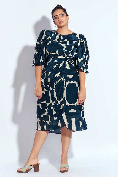 Shop Neetiandmudita Blue Crepe Tetris Round Pattern Midi Dress Online at Aza Fashions Shop_Neetiandmudita_Blue Crepe Tetris Round Pattern Midi Dress _Online_at_Aza_Fashions