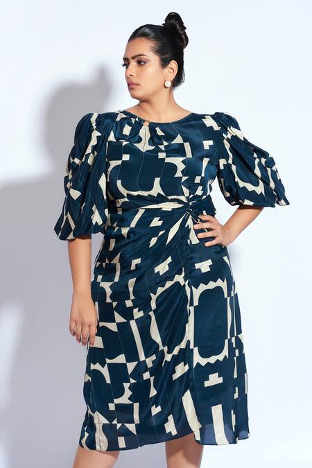Neetiandmudita Blue Crepe Tetris Round Pattern Midi Dress at Aza Fashions Neetiandmudita_Blue Crepe Tetris Round Pattern Midi Dress _at_Aza_Fashions