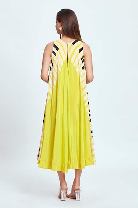 Shop Neetiandmudita Yellow Crepe Round Neck Piano Key Pattern Flared Dress at Aza Fashions Shop_Neetiandmudita_Yellow Crepe Round Neck Piano Key Pattern Flared Dress _at_Aza_Fashions