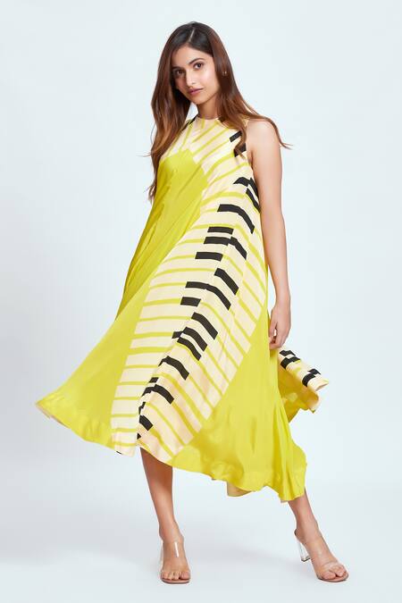 Neetiandmudita Yellow Crepe Round Neck Piano Key Pattern Flared Dress Online at Aza Fashions Neetiandmudita_Yellow Crepe Round Neck Piano Key Pattern Flared Dress _Online_at_Aza_Fashions