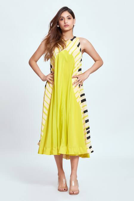 Shop Neetiandmudita Yellow Crepe Round Neck Piano Key Pattern Flared Dress Online at Aza Fashions Shop_Neetiandmudita_Yellow Crepe Round Neck Piano Key Pattern Flared Dress _Online_at_Aza_Fashions