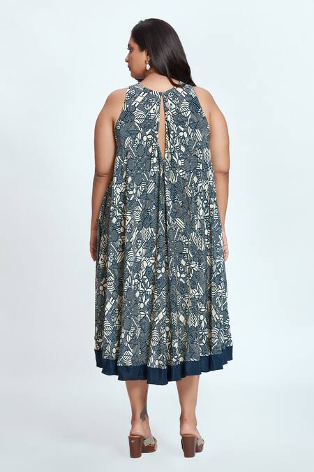 Shop Neetiandmudita Blue Crepe Mandala Round Pattern Flared Dress at Aza Fashions Shop_Neetiandmudita_Blue Crepe Mandala Round Pattern Flared Dress _at_Aza_Fashions