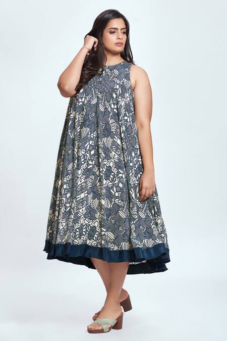 Neetiandmudita Blue Crepe Mandala Round Pattern Flared Dress Online at Aza Fashions Neetiandmudita_Blue Crepe Mandala Round Pattern Flared Dress _Online_at_Aza_Fashions