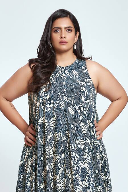 Shop Neetiandmudita Blue Crepe Mandala Round Pattern Flared Dress Online at Aza Fashions Shop_Neetiandmudita_Blue Crepe Mandala Round Pattern Flared Dress _Online_at_Aza_Fashions