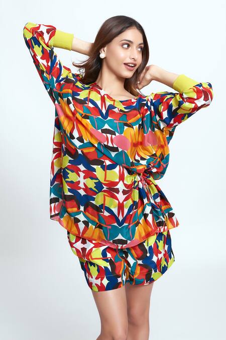 Buy Neetiandmudita Multi Color Crepe Abstract Wide Neck Pattern Top With Shorts Online at Aza Fashions Buy_Neetiandmudita_Multi Color Crepe Abstract Wide Neck Pattern Top With Shorts _Online_at_Aza_Fashions