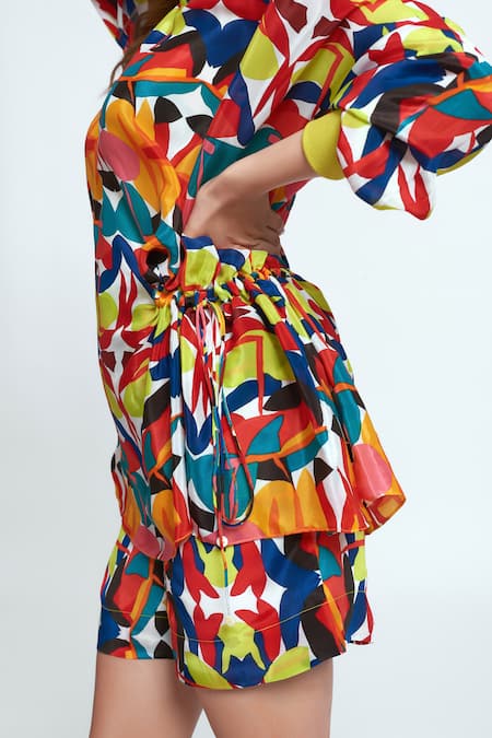 Shop Neetiandmudita Multi Color Crepe Abstract Wide Neck Pattern Top With Shorts Online at Aza Fashions Shop_Neetiandmudita_Multi Color Crepe Abstract Wide Neck Pattern Top With Shorts _Online_at_Aza_Fashions